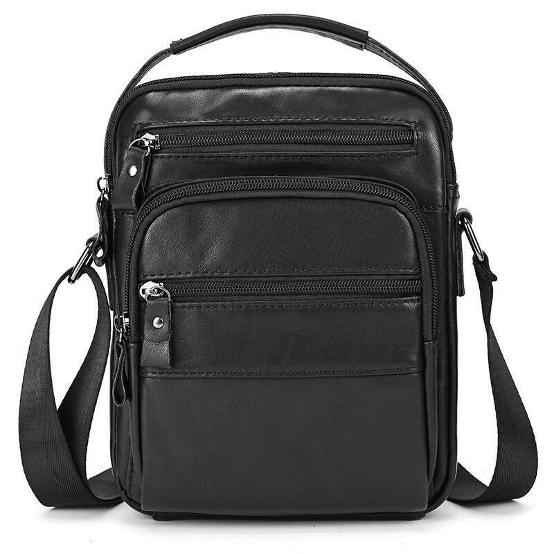 Crossbody Black Cowhide Small Shoulder Flap Multi-Pocket Genuine Leather New iPad Men's Casual Travel Bag