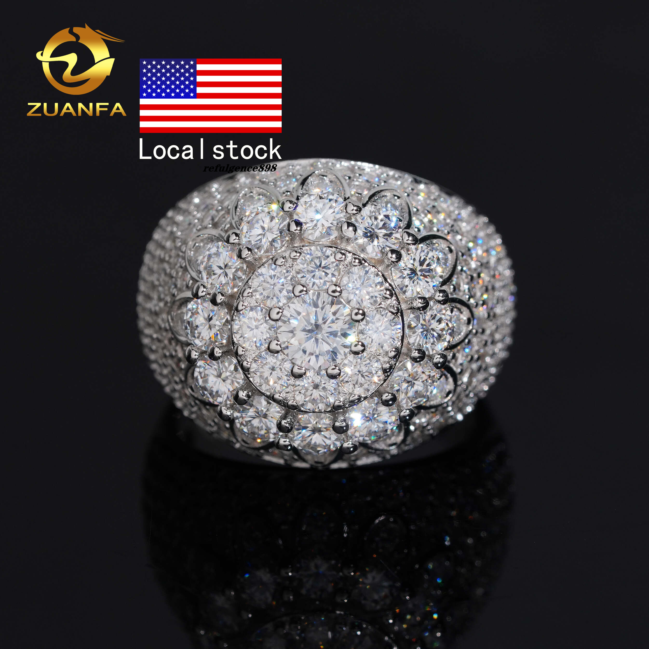 Drop Shipping Hot Sale USA Warehouse Fashion Iced Out Hip Hop Vvs Moissanite Diamond 925 Sterling Silver Flower Man Ring