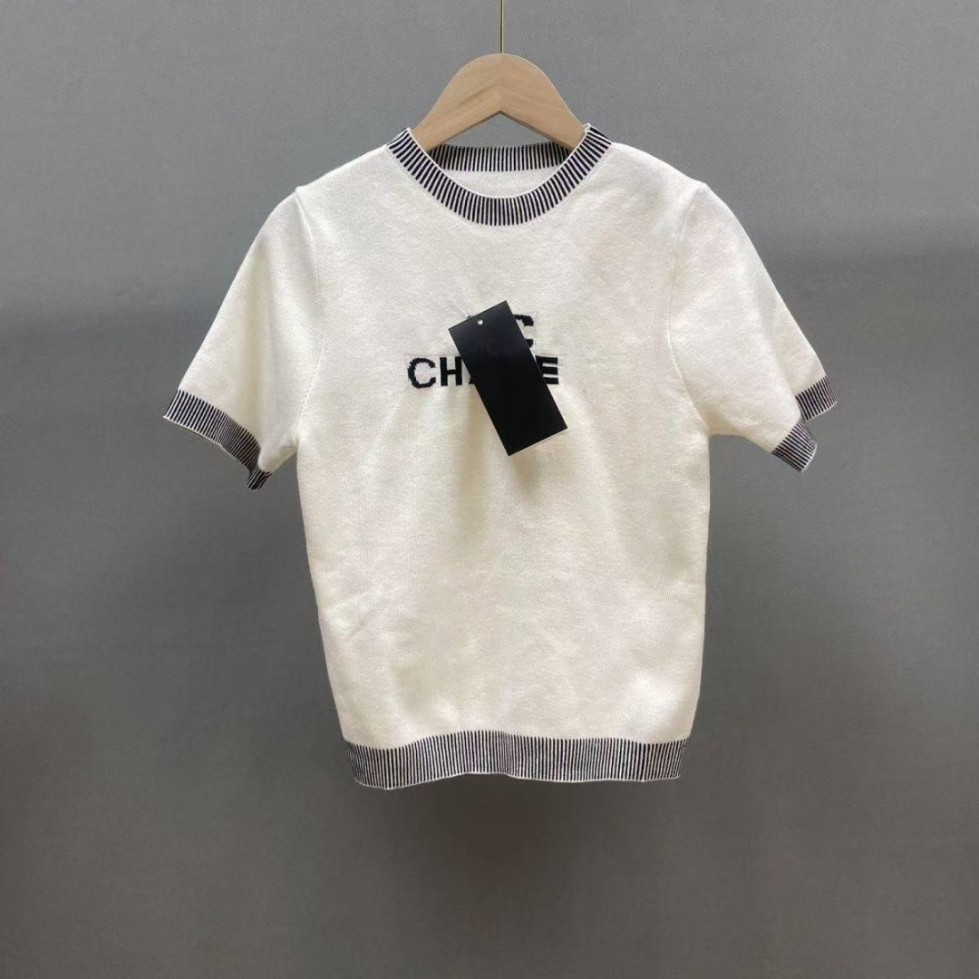 2025 Designer Luxury Women's Knitted Short Sleeve Handmade Color-Contrasting Letter Embroidery Short Sleeve High-Quality Women's Round Nec