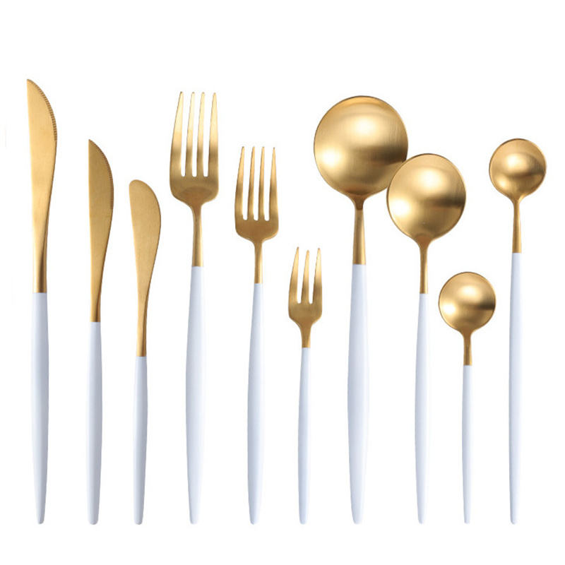 Gold Cutlery Flatware Spoon Fork Knife Wed Stainless Steel Tableware White Handle-image-409237135