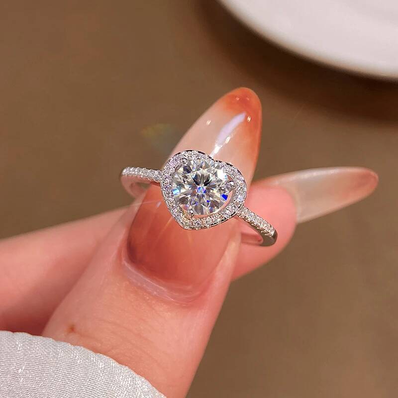 KNB 1CT Certified Moissanite Diamond Gold Love Heart Round Stone Rings for Women Real 925 Sterling Silver Luxury Fine Jewelry