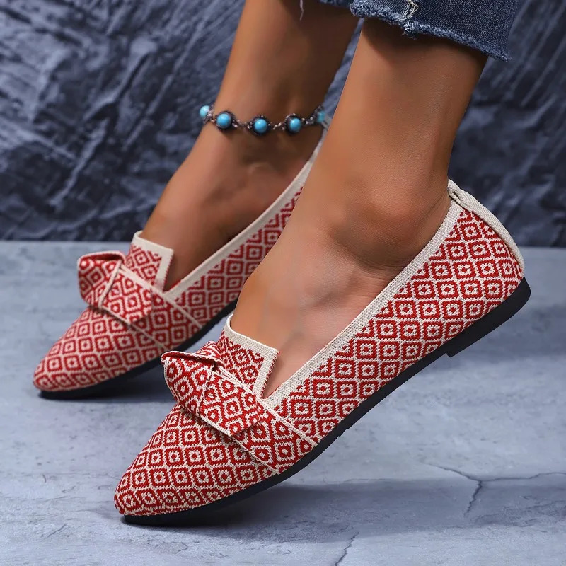 Fashionable printed knitted flat shoes pointed toe low-top laceless bow shoes large size casual walking shoes Light beige 250820
