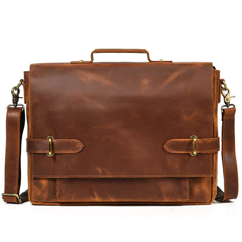 Genuine Handbag Crazy Horse Leather Large Flap Briefcase Shoulder Crossbody Business Trip 14inch Laptop Bag