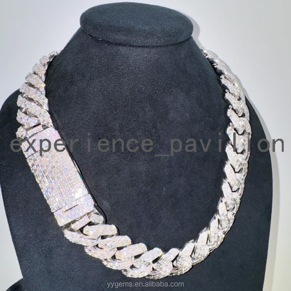 Custom 20mm Men Full Emerald Cut VVS Moissanite White Gold S925 Silver Cuban Link Chain Necklace Hip Hop Jewelry