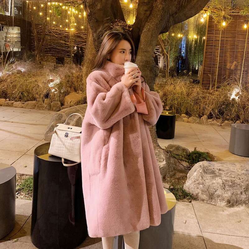 New winter faux fur mink plush long coat with stand up collar and knee length thick loose fit for women