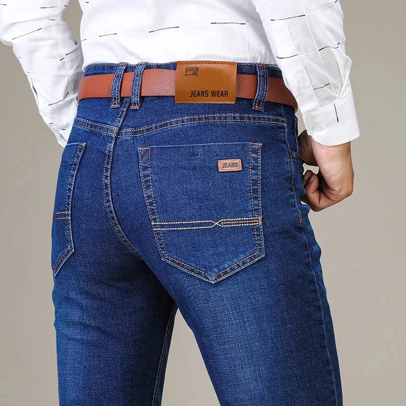 Autumn Classic Mens Fitted Stretch Jeans Business Casual Cotton Denim Straight Leg Pants Male Black Blue Trousers250813