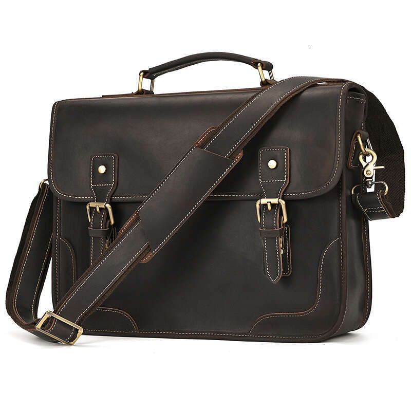 Crazy Horse Briefcase Men's Genuine Leather Crossbody Business Handbag Laptop Large Capacity Shoulder Bag