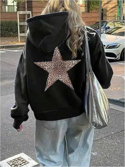 Star Graphic Hoodies Y2k Leopard Print Hooded Sweatshirt Cheetah Hoodie Streetwear Unisex Pullover Tops Winter Clothe 250818