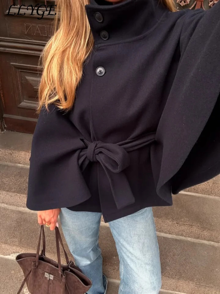 Elegant Womens Belt Short Woolen Coats Loose Stand Collar Singlebreasted Long Sleeve Jacket Autumn Lady Commute Outwear 250820