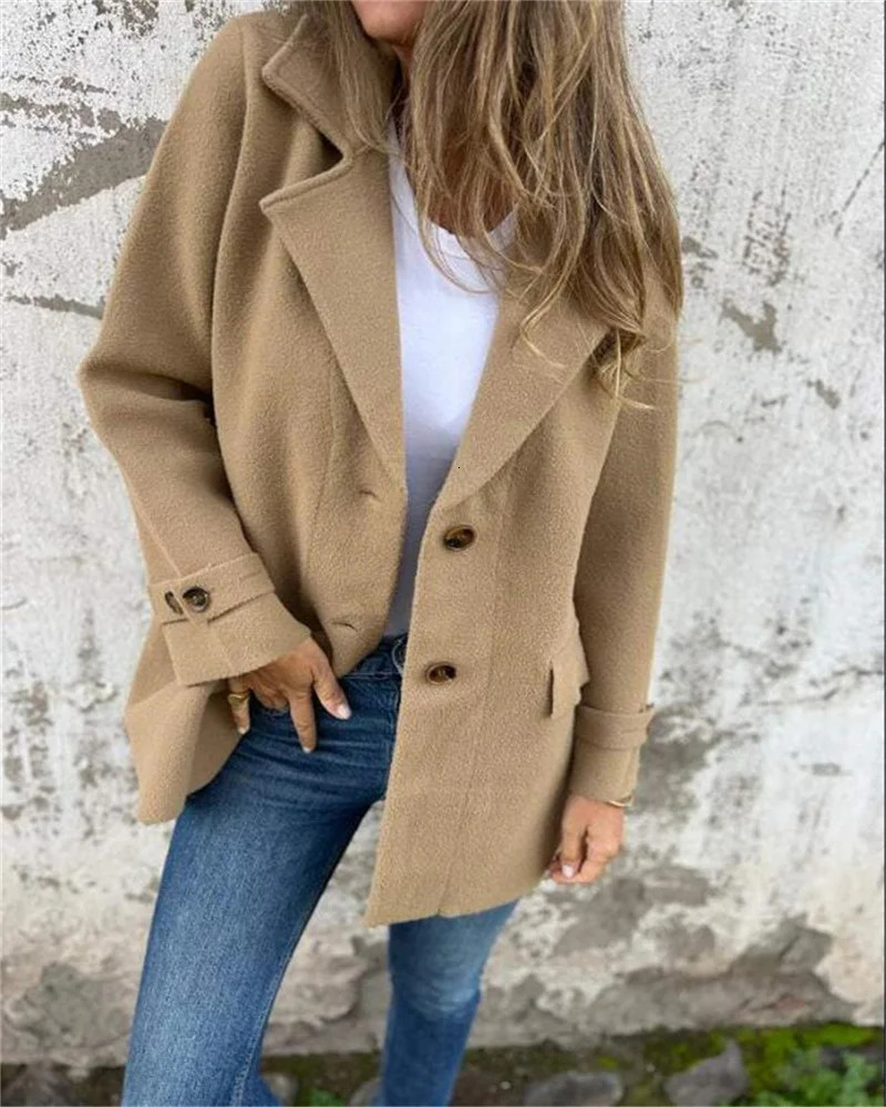 Plus size womens autumn and winter casual fashion solid button lapel wool plus coat 250820