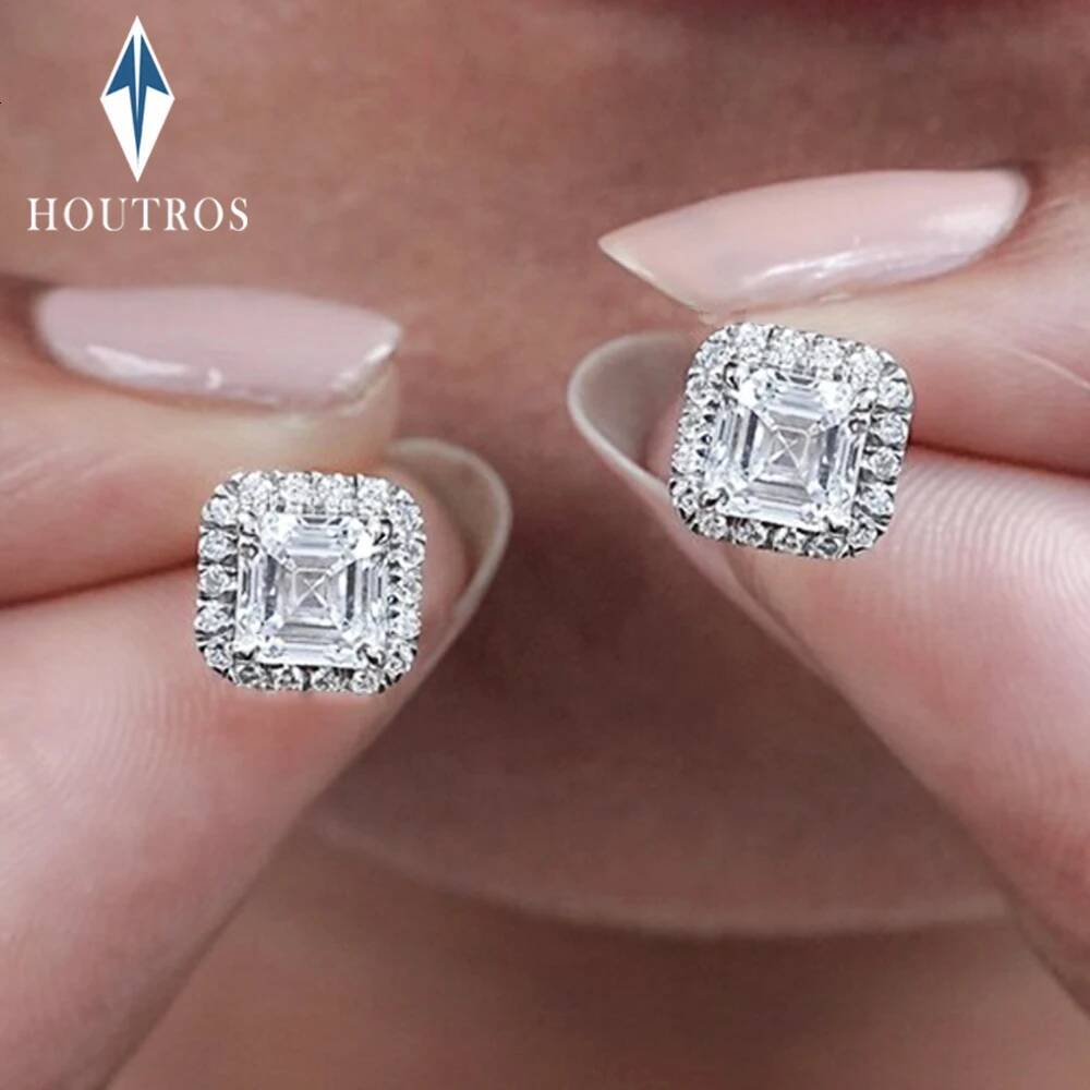 2 Carat Asscher Cut Moissanite Stud Earrings for Women 925 Sterling Silver Square Diamond Halo Earrings Wedding Party Jewelry