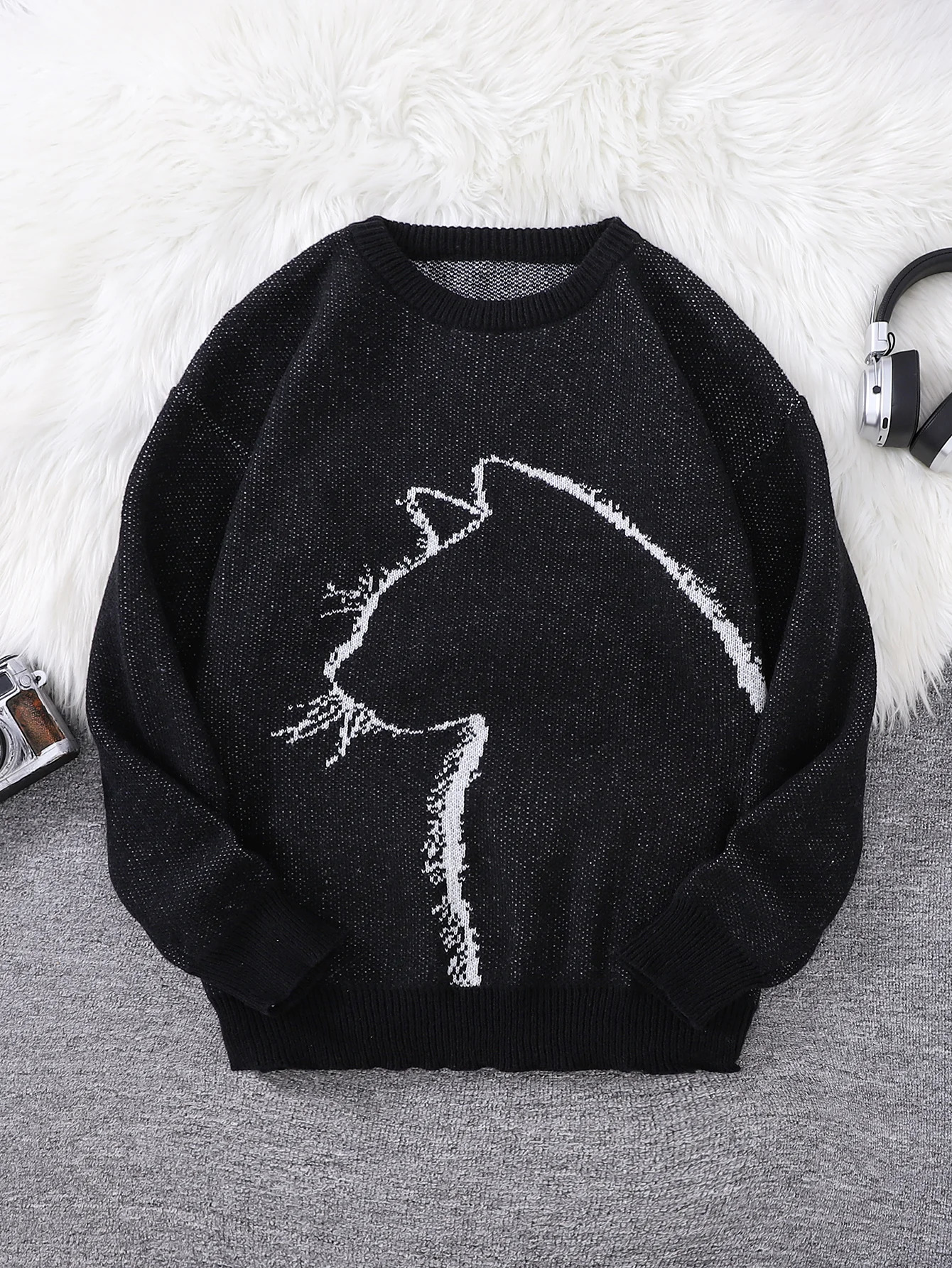 Autumn and Winter Simple Kitten Jacquard Double-Sided Pattern Pullover Sweater Casual Round Neck Knitted Mens Pullover250820
