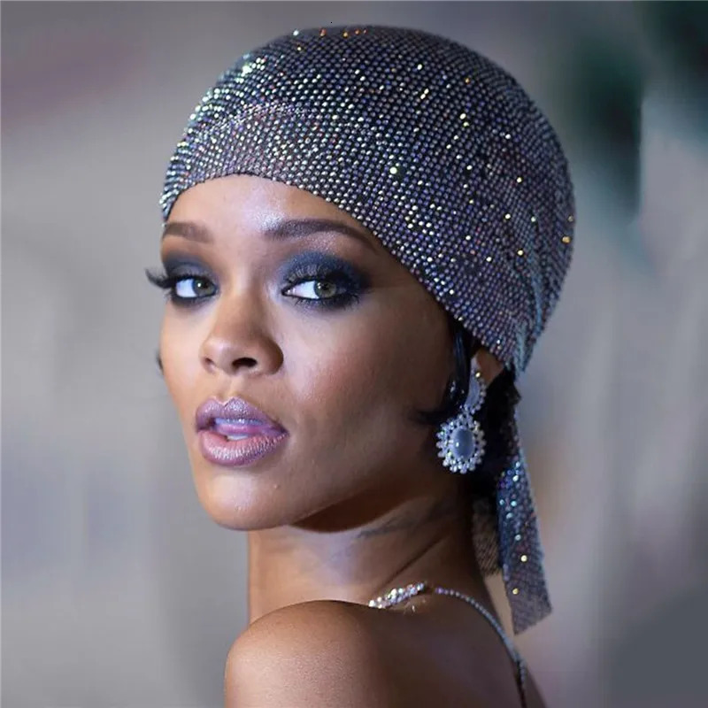 Fashion Women Bandana Hair Band Crystal Rhinestone Fishnet Headscarf Hip Hop Turban Hat Streetwear Muslim Scarf Accessories250812
