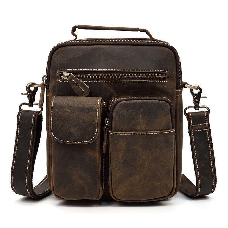 Genuine Single Shoulder Crazy Horse Leather Multi-Pocket Crossbody Top Layer Cowhide Large Capacity Messenger Men's Bag