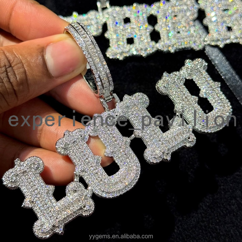 Customized Baguette Moissanite D/VVS 925 Sterling Silver Metal Letter Name Design Fashion Pendant for Necklace