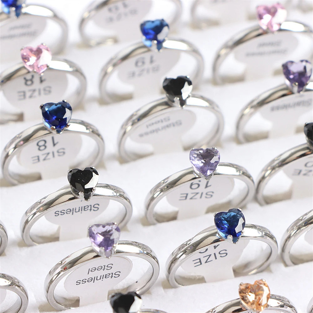 20Pcs/Lot Fashion Colorful Heart Crystal Stainless Steel Rings Jewelry For Women Gold Silver Plated Wedding Party Gift Wholesale 250815