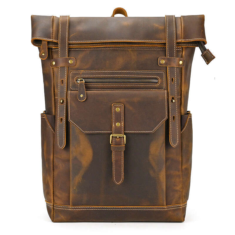 New Crazy Horse for Men Genuine Leather Large Capacity Double Shoulder Bag Outdoor Travel Hiking Backpack