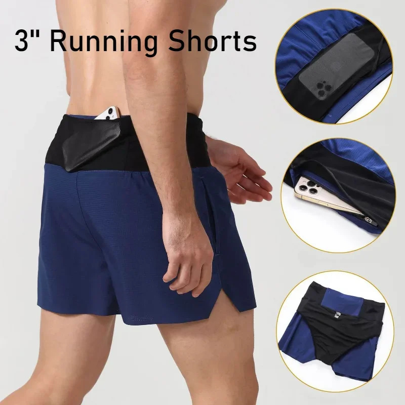 2 in 1 Marathon Trail Running Compression 3 Shorts Quick Dry Long Distance Training Tights Sports Men Summer With Waist bag250820