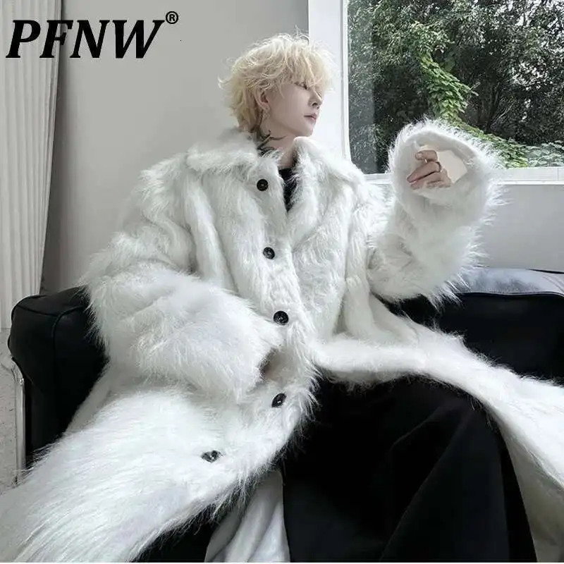 PNW Belt Single Breasted Thickened Winter Long Faux Fur Coat For Men Black White Fashion Loose Cotton-padded Coat 9C8121 250818