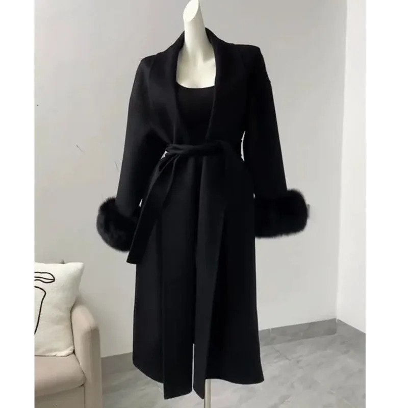 Autumn Winter Mid To Long Furry Black Doublesided Coat Fuzzy Cuffs Highend Woolen Trendy Loose Versatile Jacket For Women 250820