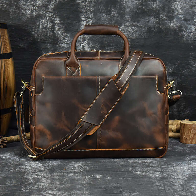 Men's Leather Large Capacity Classic Business Handbag 15.6inch Laptop Bag Multifunctional Horizontal Briefcase