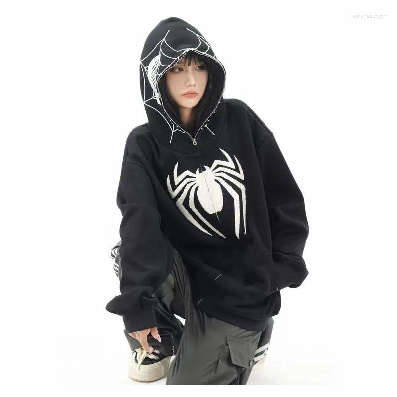 Women's Hoodies Vintage Printed Spider Hoodie Women Men Casual Full Zip Up Hood Shirt 2025 Harajuku Streetwear Oversized Sweatshirts