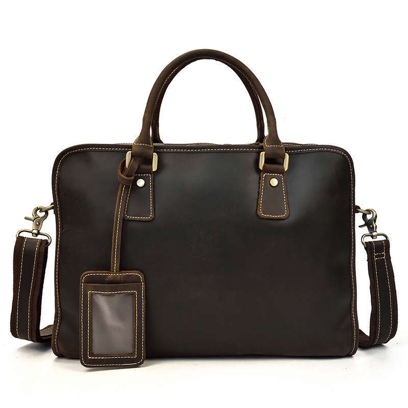 Genuine Men's Handbag Crazy Horse Leather Three-Layer Zipper Briefcase Single Shoulder Crossbody Business Trip Laptop Bag