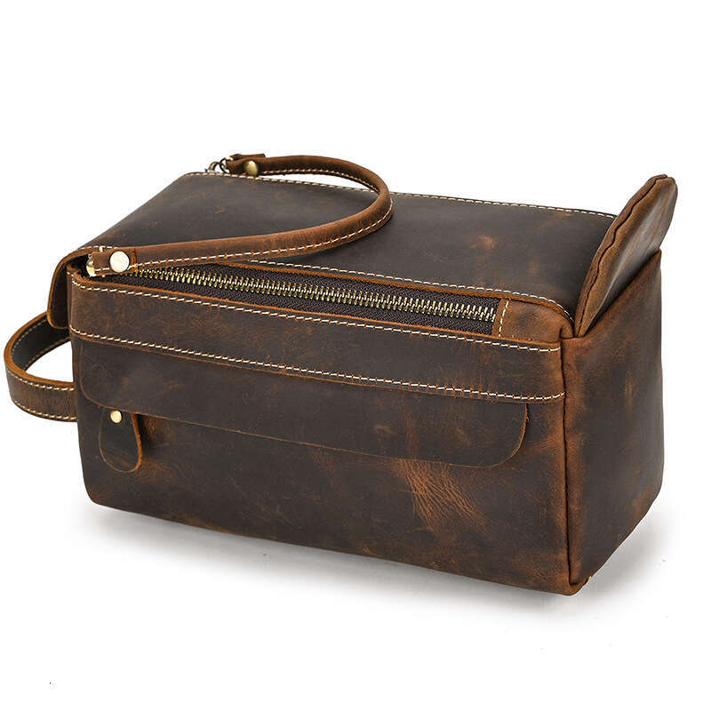 Toiletry Crazy Horse Top Layer Cowhide Travel Organizer Patterned Multifunctional Genuine Leather Clutch Women's Makeup Bag