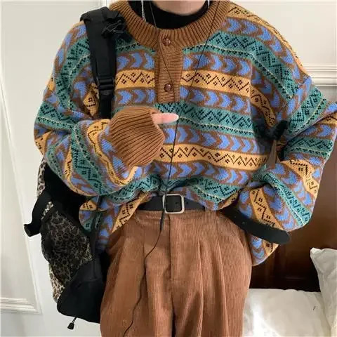 Autumn Ethnic Style Knitted Sweater Vintage Round Neck Loose Fit Old Fashioned Feeling Pullover Sweater250820