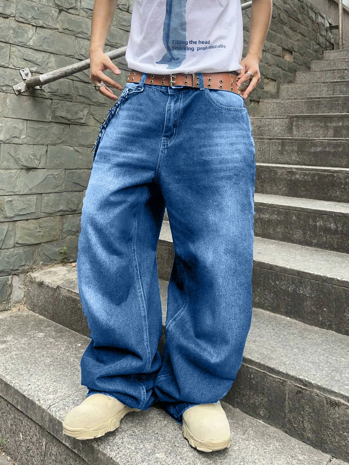 1pc Mens Loose Fit Hip-Hop Style Denim Jeans - Casual Streetwear Washed Blue No Waistband/Decoration Comfortable Stylish f 250820