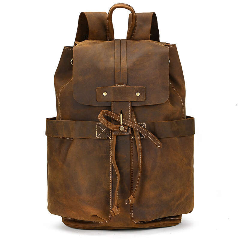 Crazy Horse Handmade Cowhide Backpack Genuine Leather Student School Personality Trendy Men's Bag