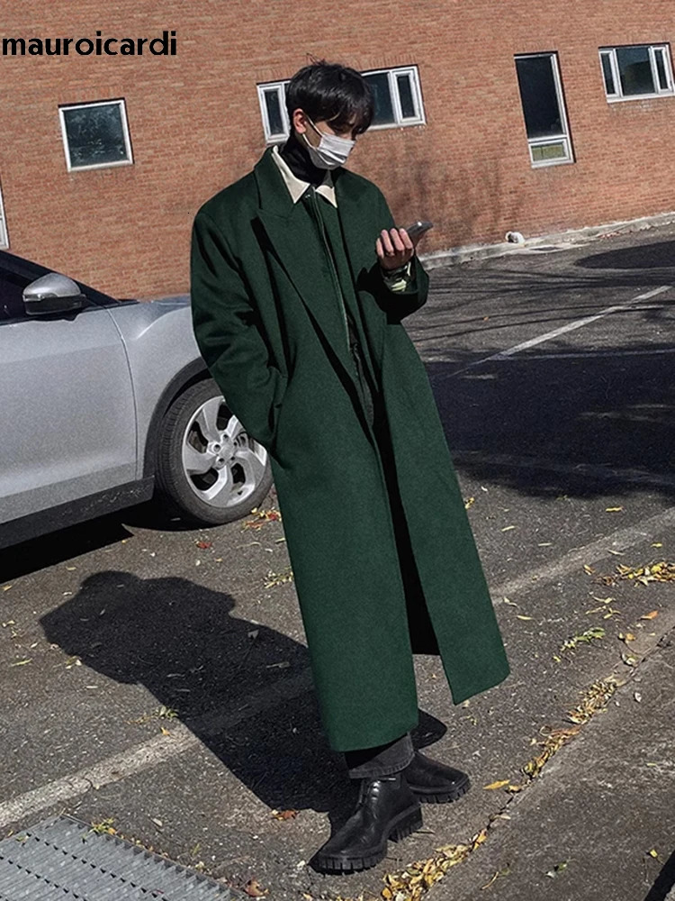 Mauroicardi automne hiver long surdimensionné surdimensionné doux vert foncé noir manteau en laine de laine lâche mélange de laine coréenne décon
