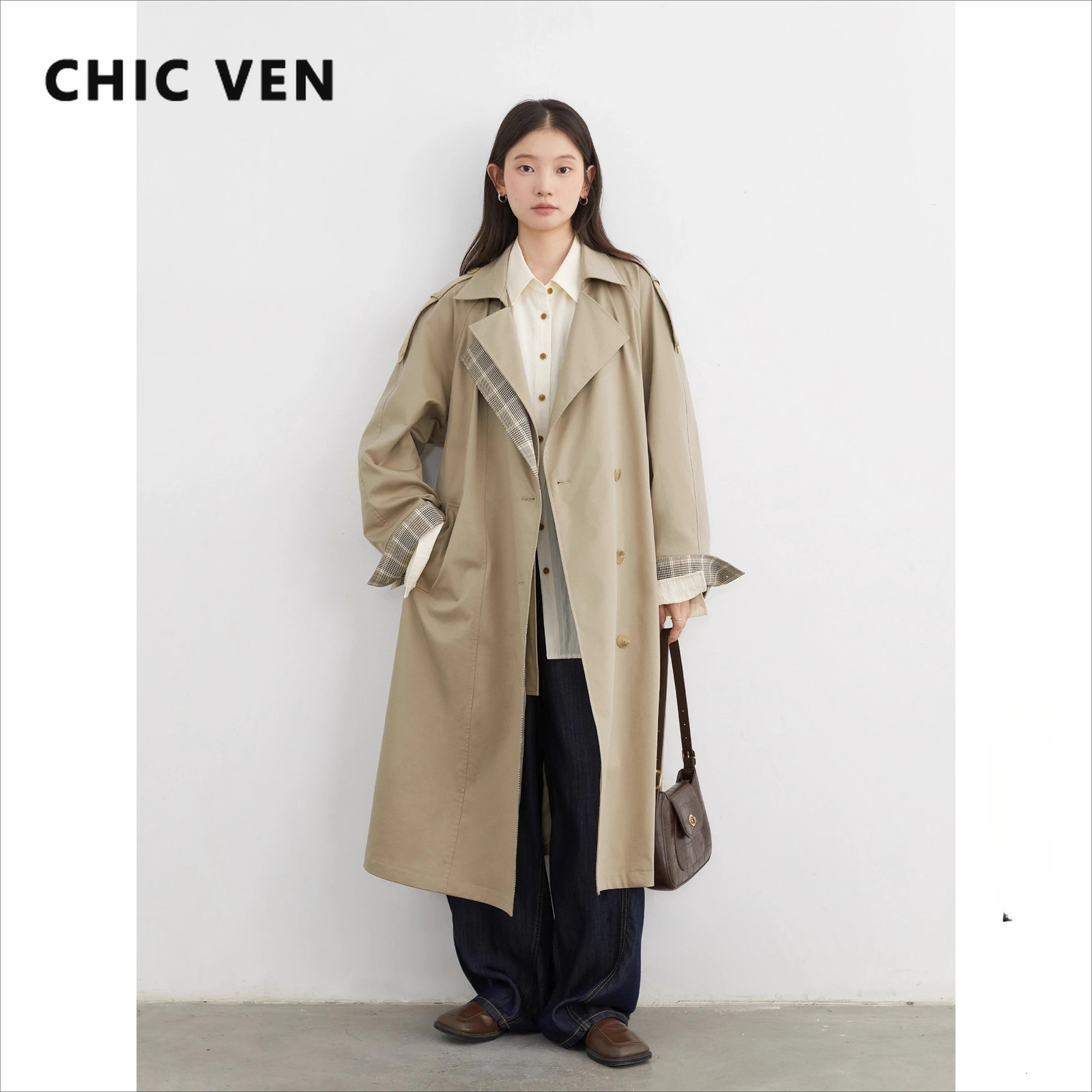 CHIC VEN Women Long Trench Coat Loose Casual Plaid Patchwork Female Windbreaker Office Ladies Outerwear Spring Autumn 2025 250818