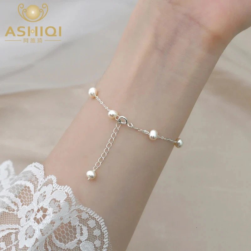 ASHIQI Natural Freshwater Pearl 925 Sterling Silver Chain Bracelet Fashion Jewelry for Women Gifts 250815