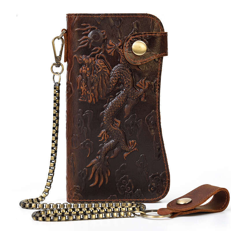 Crazy Horse Long Men Genuine Leather Dragon Pattern Iron Chain Anti-theft Multi-card Slots Money Clip Wallet