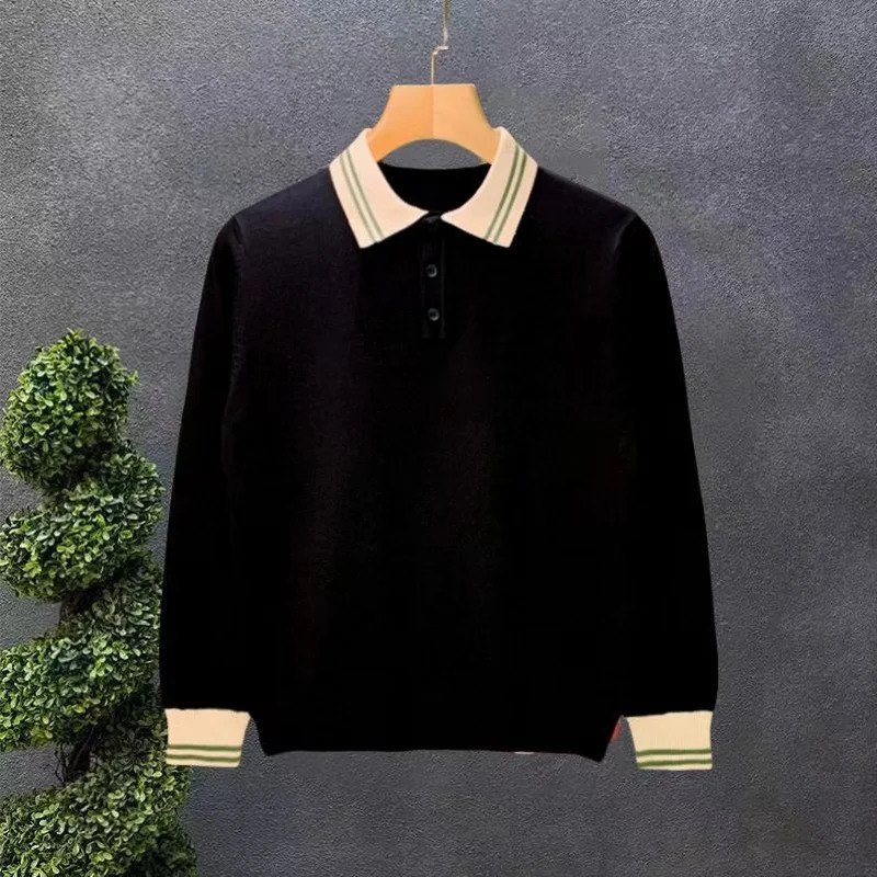 Spring Autumn Mens Light turn-down collar Knitted Polo Shirt Solid Color Long-sleeved Pullover Knitwear Streetwear 250818