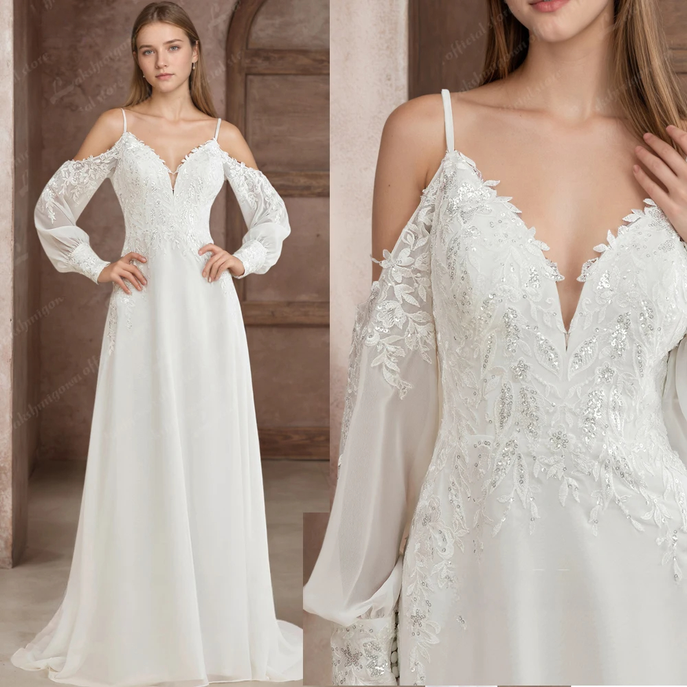 Illusion de robes de mariée blanches sur l'épaule à manches longues robe de mariée pour femmes Vestido de Novia personnalisée
