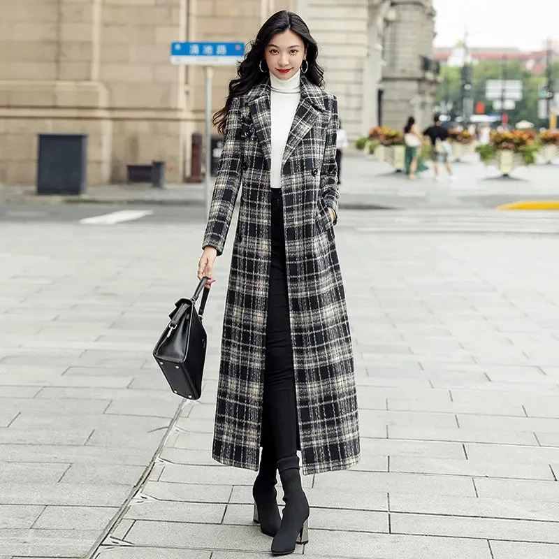 Plaid Woolen Coat Women Long Korean Style Waist Female Autumn Winter Thick Slimfit Overtheknee 250820