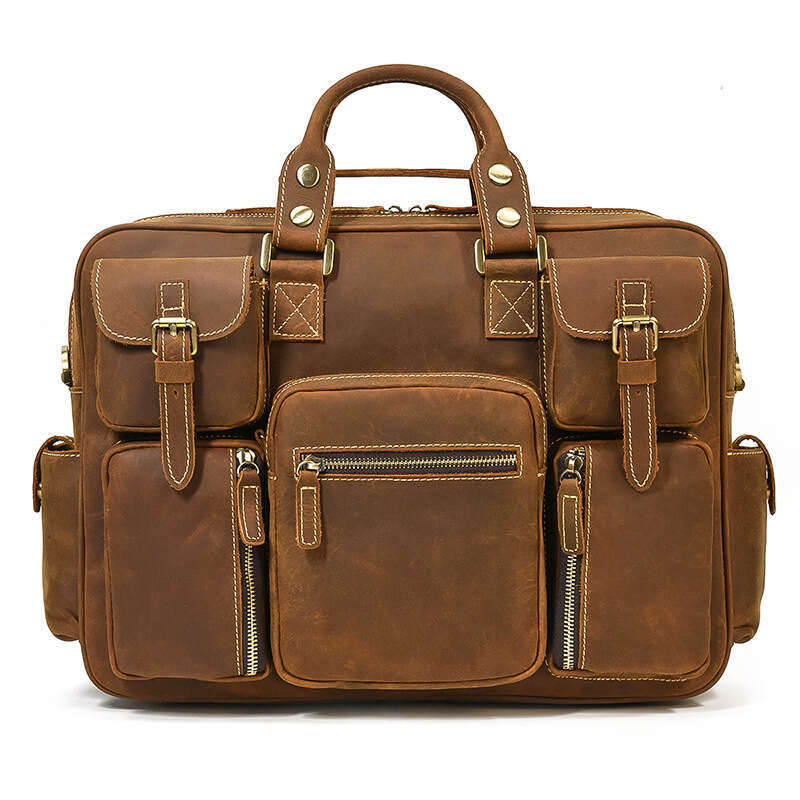 Genuine Briefcase Crazy Horse Leather Large Capacity Handbag Men's Multi-Pocket Travel Bag