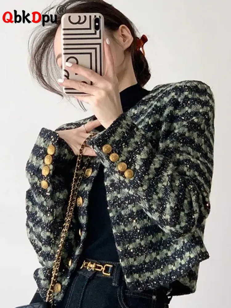 Chic n Oneck Tweed Mouilles courtes tops coréen laine de laine coréenne Vestes courtes courtes printemps automne mélange de laine rayée Abrigos 2