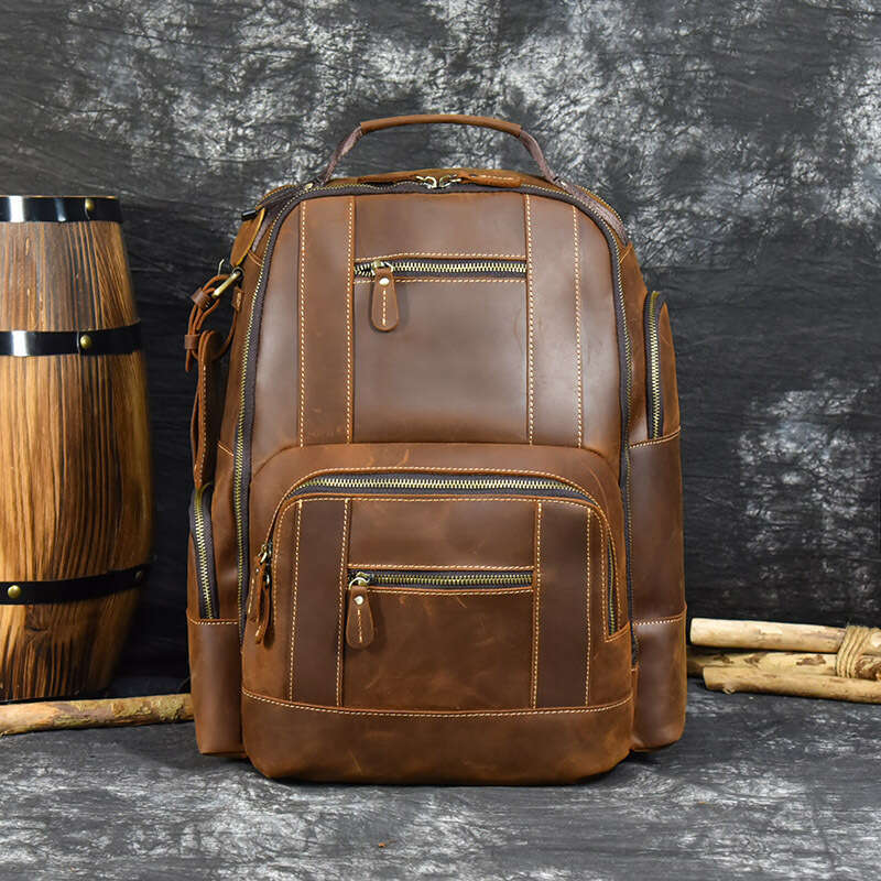 Genuine Multifunctional Crazy Horse Leather Backpack Travel Double Shoulder for Men Business Commuting Laptop Bag