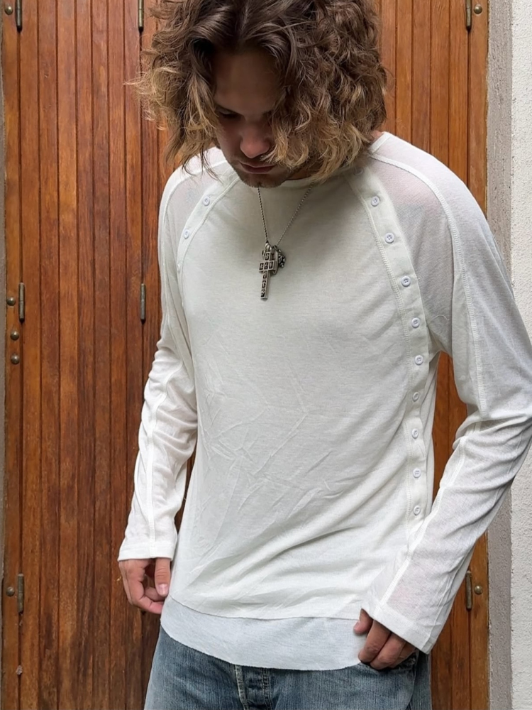 Men's Sweatshirts No Faith Studios 25ss Buttoned Star Print Shirt Black and White Two-tone Slim Fit Pullover Long Sleeve