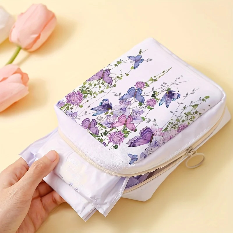 Sac de rangement de serviette sanitaire imprimé violet Sac de rangement de serviettes pour femmes Sac de tissu léger Sac de tissu sanitaire 25081
