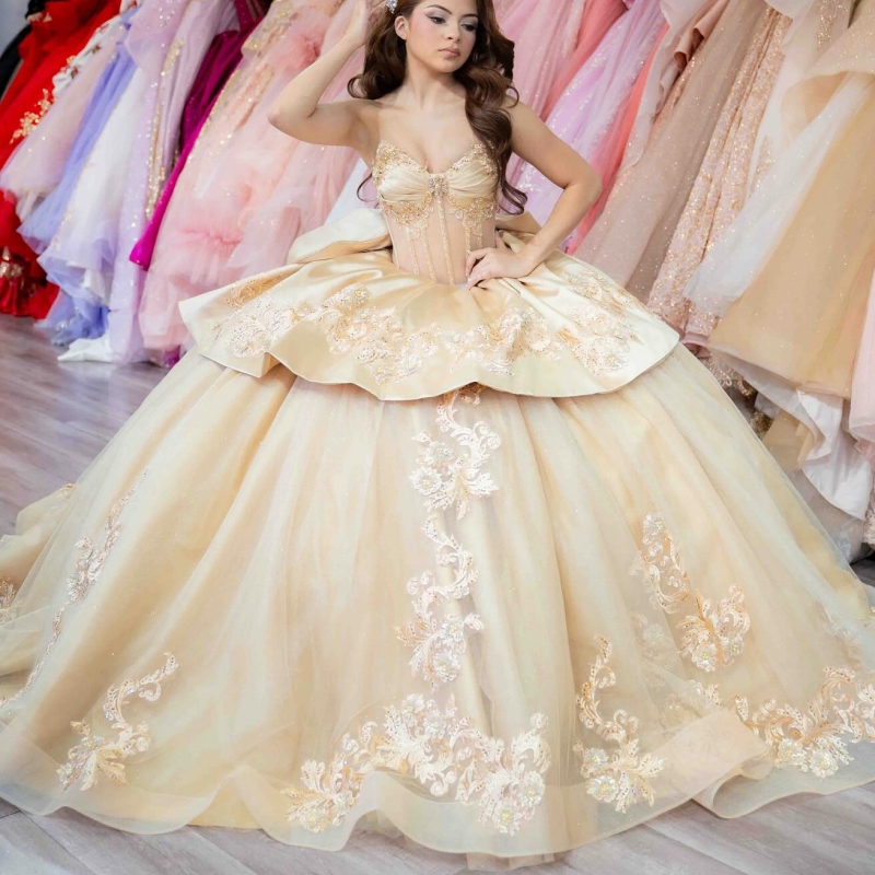 Champagne Shiny Princess Sweet 16 robe robe quinceanera robes appliques perles en dentelle arc tull fête d'anniversaire vestidos 15 de anos
