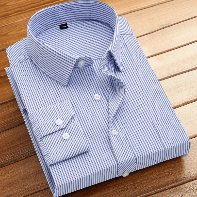 Mens formal shirt long-sleeved office solid color striped with pockets anti-wrinkle no-iron fashion business white shirt250819