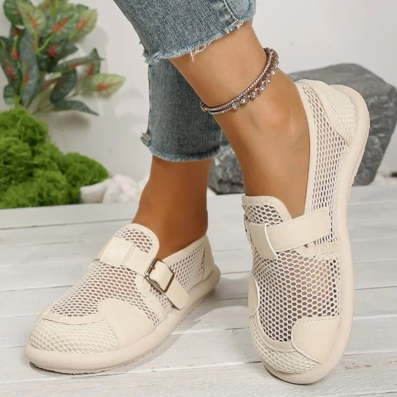 Ladies Shoes 2025 Hot Sale Belt Buckle Womens Flats Fashion Round Toe Casual Mesh Light ComfortableHigh Quality Flat Low Heels 250820