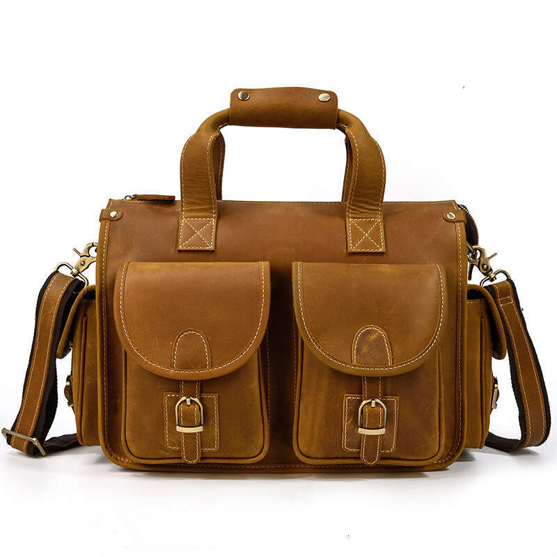 Genuine Handbag Men Crazy Horse Leather Multi Pocket Briefcase Computer Cowhide Shoulder Crossbody Bag
