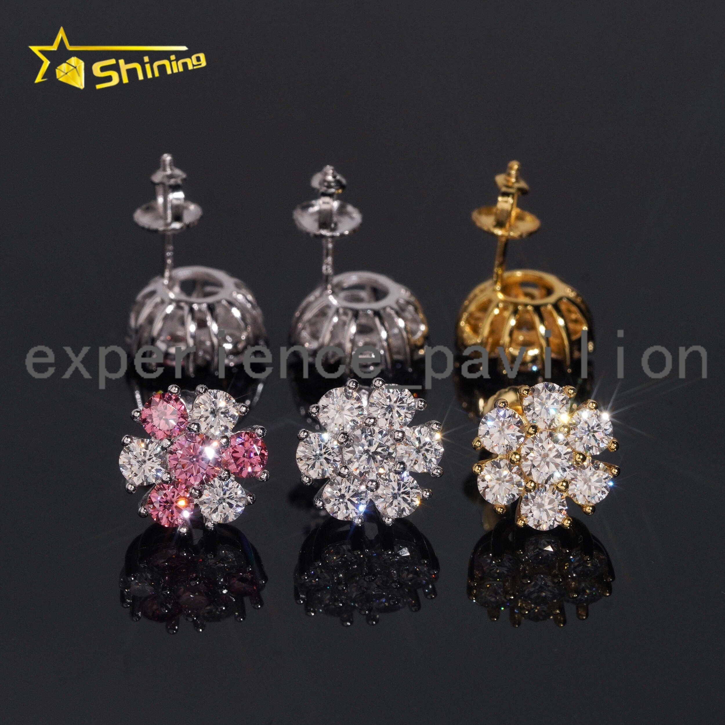High Quality Hip Hop Pink Diamond Screw Back 925 Silver Cluster Flower Men VVS Moissanite Earrings