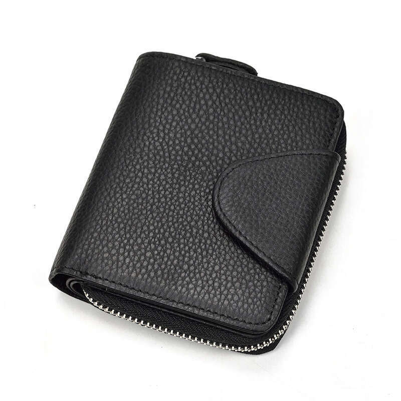 Porte-monnaie court à fermeture éclair pour hommes, petit cuir véritable noir, fente multi-cartes, portefeuille en cuir de vache