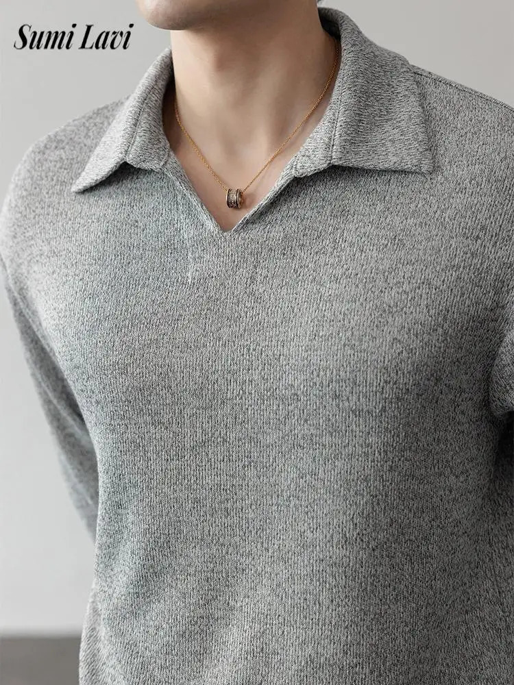 Vintage Turn-down Collar Knitted Mens Polo Shirt Autumn Casual Solid Color Long Sleeve Knit Polo Shirts Trendy Mens Jumper Tops 250818